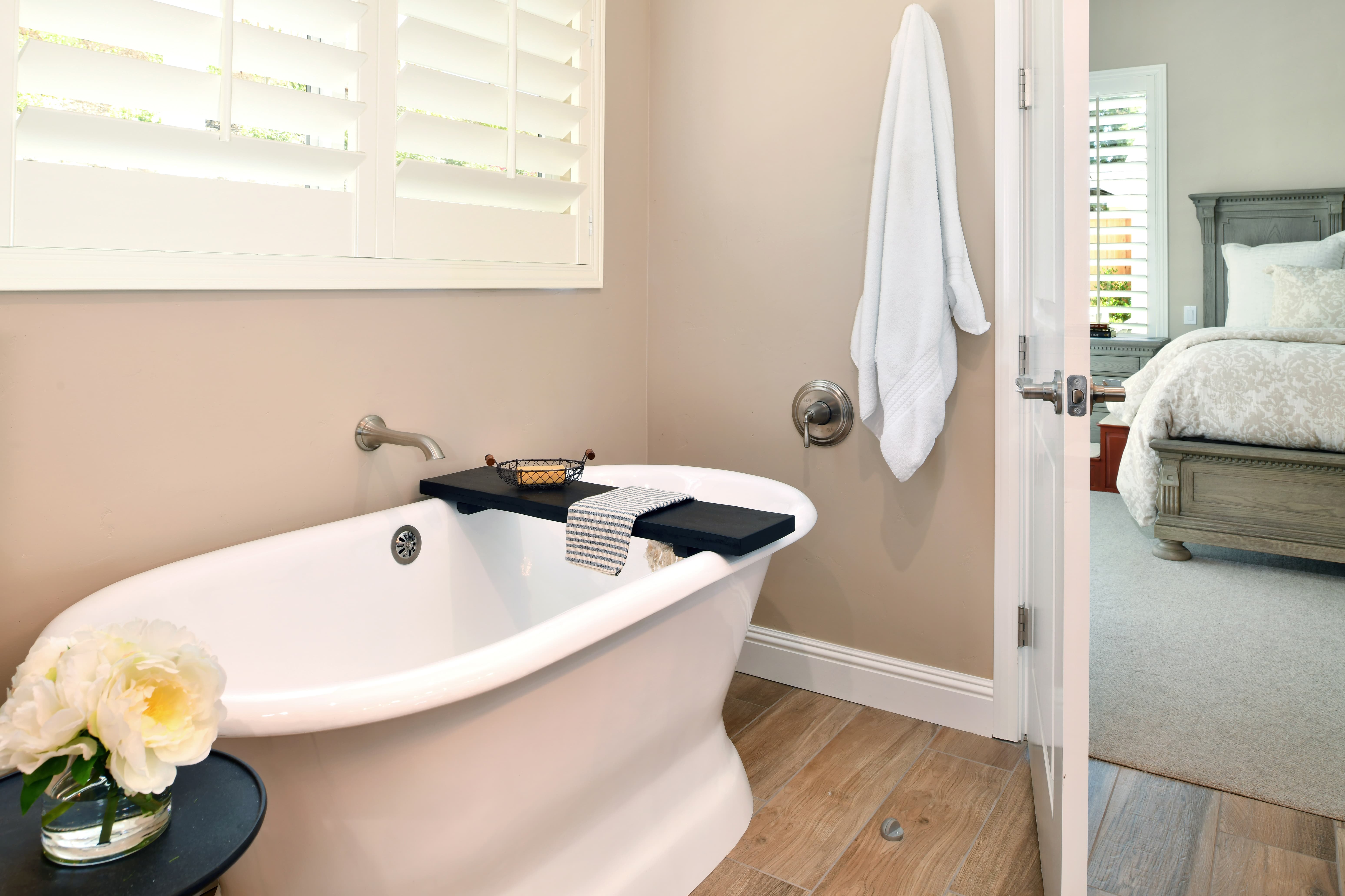 Spa-like bathroom with freestanding soaking tub