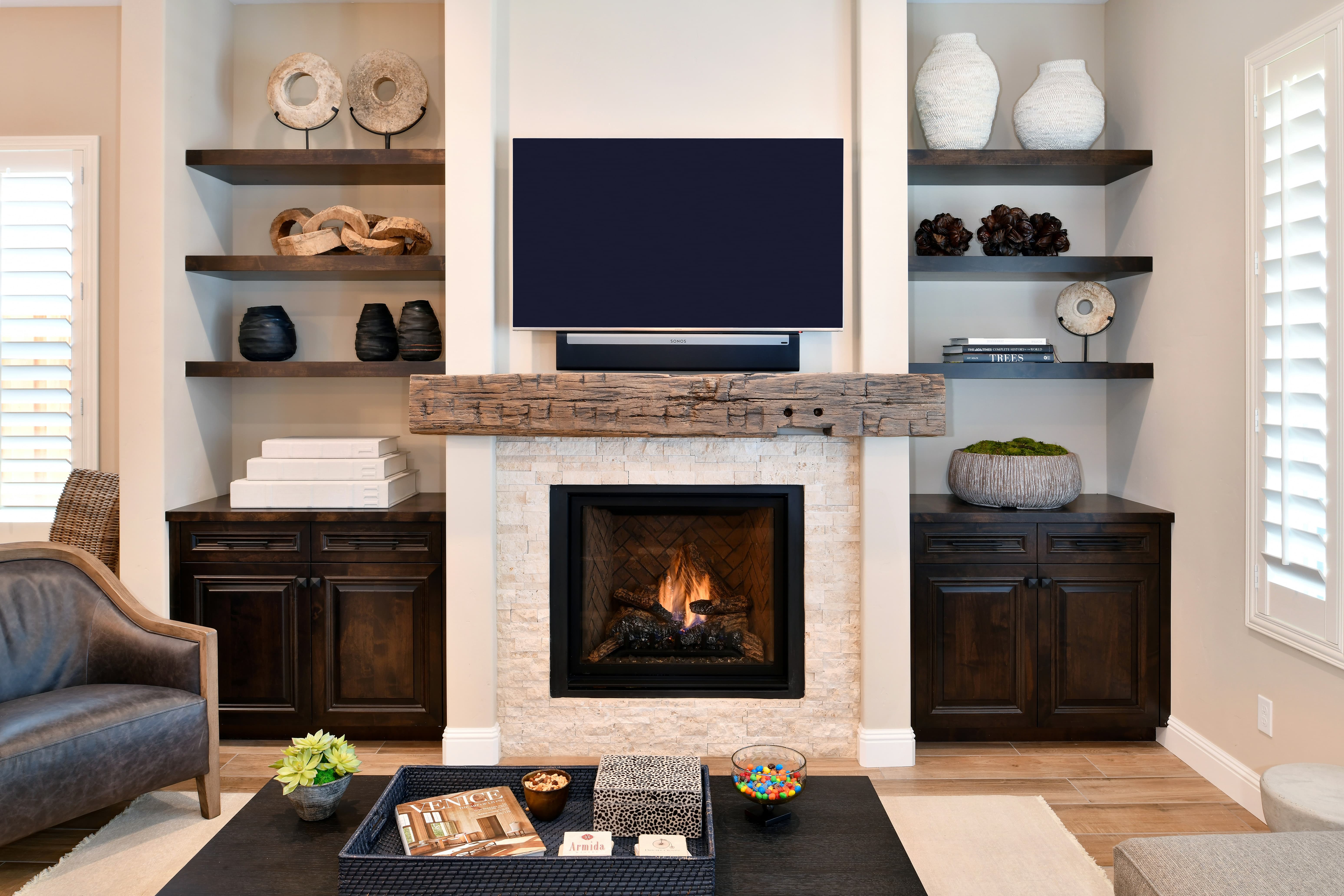 Custom fireplace and built-in shelving remodel