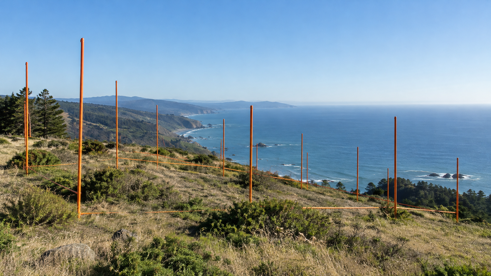 Story poles marking proposed home height on a Marin County coastal hillside lot