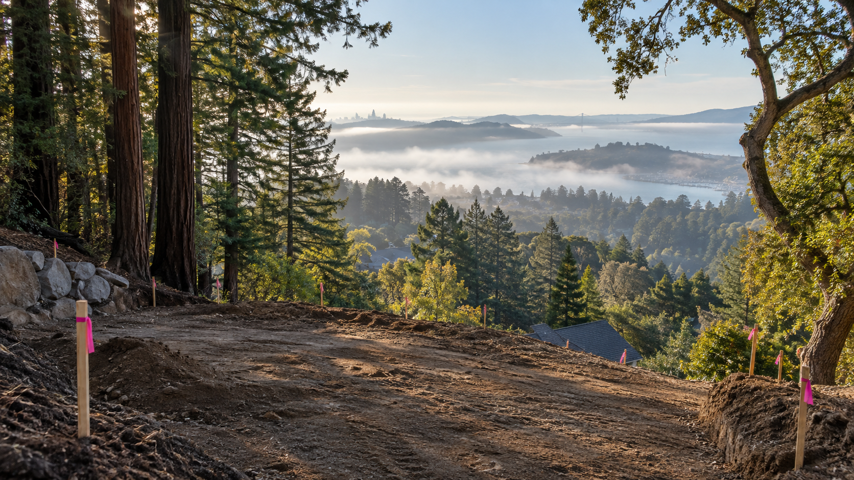Staked building pad on a wooded Mill Valley hillside with bay views