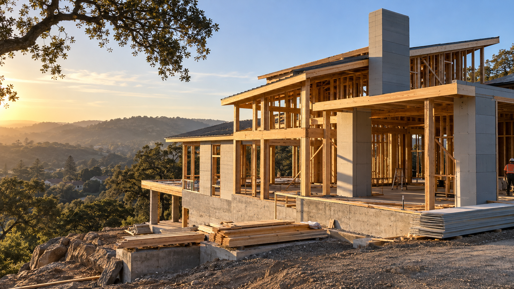 Custom home under construction on a Sonoma County hillside lot with fire-resistant materials