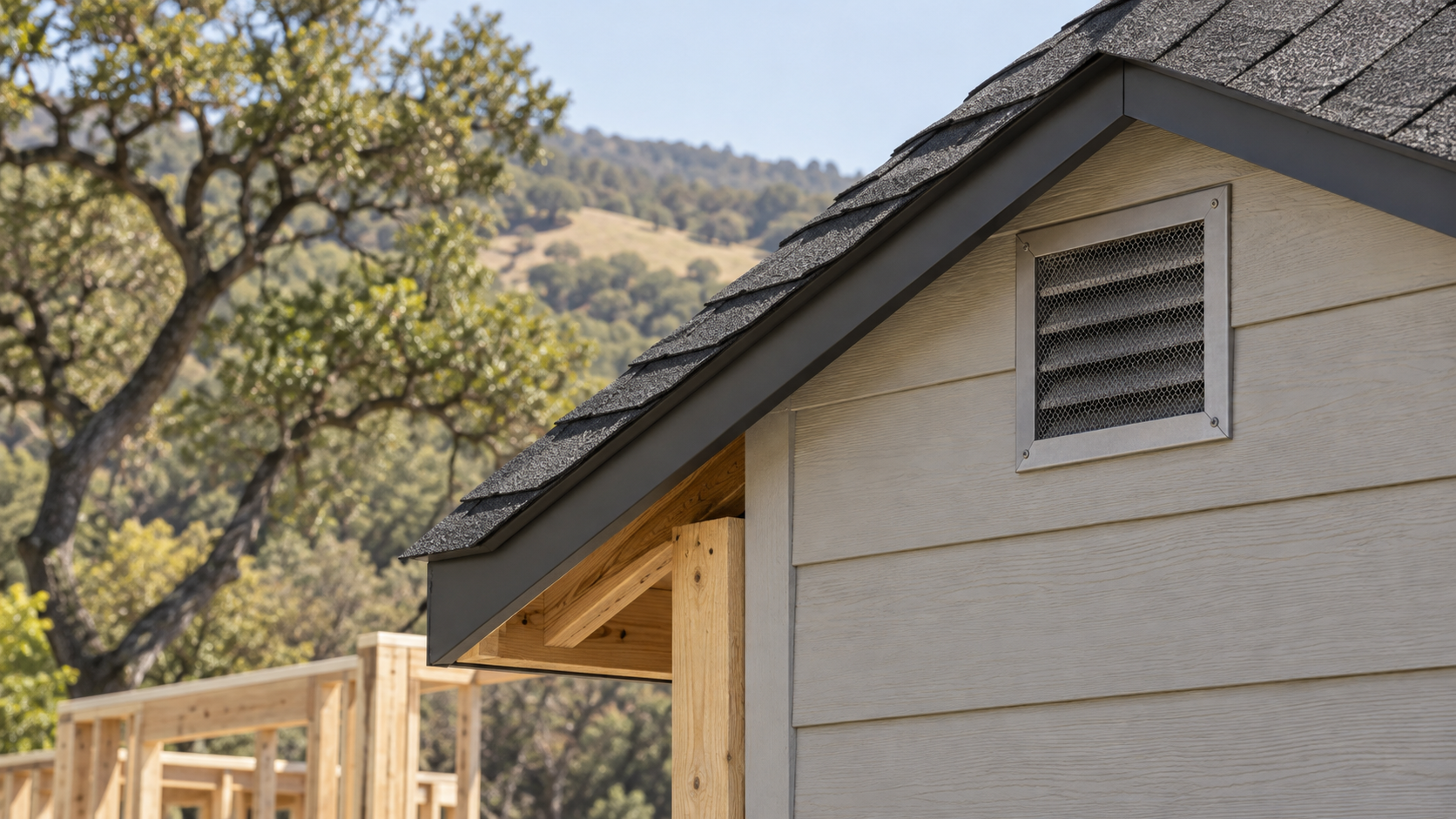 Wildfire-hardening details: ember-resistant attic vent, Class A roofing, and fiber-cement siding